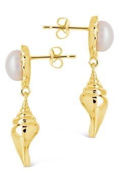 Cultured pearls add an air of elegance to earrings with shell-shaped drops for nautical flair. 1.2" drop; 0.45" width Post back Pearl size: 7.5–8mm 14k-gold plate or silvertone plate/cultured pearl Imported Elegant Yellow Gold Shell Earrings, Elegant Gold Shell Pearl Earrings, Elegant Shell-shaped Yellow Gold Earrings, Gold Pearl Drop Earrings In Shell Shape, Gold Shell-shaped Jewelry For Formal Occasions, Pearl Size, Pearl Drop, Pearl Drop Earrings, Cultured Pearls