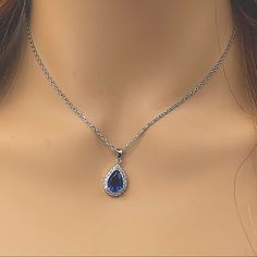 - New - Dainty Pear Shaped With White Cubic Zirconia Diamond Halo - Silver - Adjustable 16-18” Mannequin Is Life / Human Sized. Wear This For A Office Day Look, Wedding As Your Blue Item, Or A Chill Date Night. Small And Dainty! Tgs Pear Drop Halo Diamonds Swarovski Crystals Christmas Dress Gift Blue Dress Silver Accessories, Elegant Blue Crystal Rhinestone Necklace, Elegant Blue Rhinestone Necklace Gift, Elegant Blue Rhinestone Necklace For Formal Occasions, Blue Rhinestone Necklace For Party, Blue Dress Gold Accessories, Keara Graves, Silver Sparkly Dress, Colored Pearl Necklace