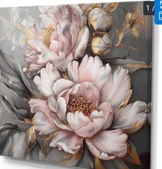 a painting of flowers on a gray background with gold leaves and petals in the center