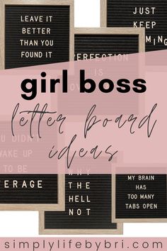 the words girlboss are written on black and white paper with pink squares around them