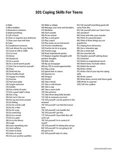 Teenagers experience tough times in their lives. Whether it’s the pressure to perform at school, social media, or problems with their peers, they should learn to cope. Coping strategies can help them maintain good mental health and have the ability to bounce back. This coping skills handout features 101 healthy coping skills, such as learning something new, thinking of a peaceful place, and going out for a jog. Parents, teachers, social workers, and mental health professionals may use this poste Coping Skills For Teenagers Activities, Coping Strategies For Teens, List Of Coping Skills, Skills List, Healthy Coping Skills, Coping Mechanism, List Of Skills