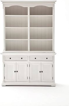 a white bookcase with two doors and drawers on the front, side by side