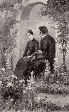 an old black and white photo of two people sitting on a bench in the woods