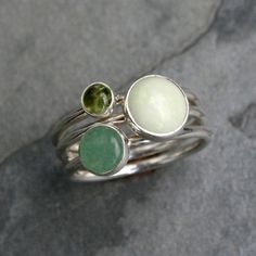 Stacking Rings Peridot Aventurine Chrysoprase by KiraFerrer Sterling Silver Stackable Rings With Natural Stones, Sterling Silver Stackable Rings, Sterling Silver Stacking Rings, Stacking Ring Set, Silver Stacking Rings, Luminous Colours, Spring Green, Stackable Rings, Stacking Rings