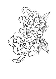 a black and white drawing of flowers with leaves on the bottom, in an outline style