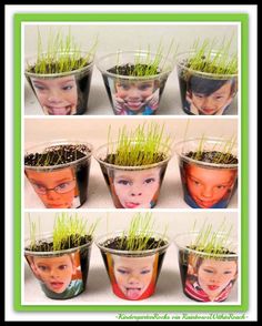 there are many small pots with grass growing out of the top, and one has a child's face on it