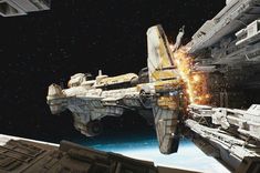 a star wars battle scene with a fighter ship in the foreground, and an image of