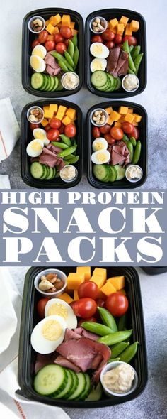 four black trays filled with different types of food and the words high protein snack packs