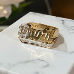 14k Yellow Gold David Name Ring Recently Polished Minor Wear See Pictures Size: 9.5-10 Gold Signet Ring With Diamond Accents In 14k Gold, 14k White Gold Engraved Ring With Diamond Accents, Engraved 14k White Gold Ring With Diamond Accents, Gold Engraved Ring With Diamond Accents And Round Cut, Hallmarked 14k Gold Engraved Ring Round Cut, Yellow Gold Promise Rings With Hallmarks, Classic Gold Engraved Ring With Diamond Accents, Classic Personalized Gold Diamond Ring, Gold Engraved Round Cut Diamond Ring