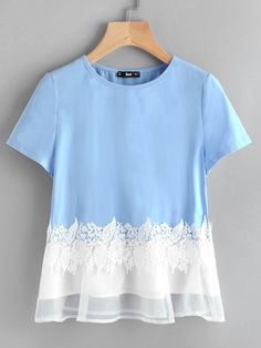 Shop Floral Lace Applique Mesh Hem Top online. SheIn offers Floral Lace Applique Mesh Hem Top & more to fit your fashionable needs. Ladies Suit Design, Ropa Upcycling, Shabby Chic Clothes, Knit Polo Shirt, Stil Boho, Fancy Tops, Unique Blouse, Boho Chic Outfits, Embellished Denim