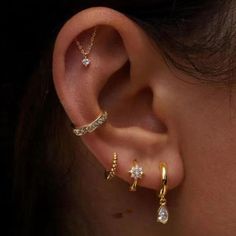 Curated Ear Piercing Small Ears, Ear Piercing Designs Classy, Ears Piercing Aesthetic, Ears Persings Ideas, Ear Piercing Ideas Studs, Ear Art Piercings, Lobe Stack Piercing, Full Ear Piercing Ideas, Tash Helix Piercing