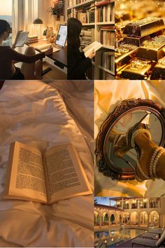 a collage of photos with an open book and a person sitting at a desk