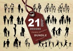 the silhouettes of people are shown on this wooden background, and there is a price tag that says 21 designs family propes bundle