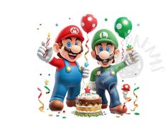 two mario brothers standing next to each other in front of a birthday cake and balloons