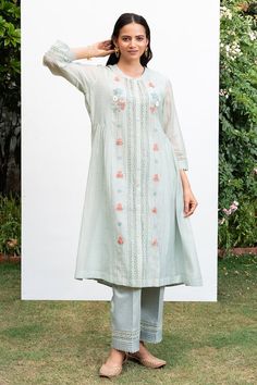 Sage green straight kurta with floral embroidery and lace details. Paired with a pant with lace details at the hem and cotton inner. - Aza Fashions Spring Palazzo Set With Embroidered Border And Straight Kurta, Spring Palazzo Set With Embroidered Straight Kurta, Pista Green Palazzo Set With Floral Embroidery For Spring, Pista Green Floral Embroidery Palazzo Set For Spring, Pista Green Floral Embroidered Palazzo Set For Spring, Fitted Sets With Embroidered Border For Spring, Spring Pista Green Set With Embroidered Border, Traditional Green Pant Set With Floral Embroidery, Spring Green Embroidered Palazzo Set