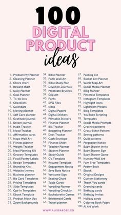 the top 100 digital product ideas list is shown in pink and black, with text overlay