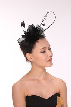 Fabrication: 100% sinamay with feathers Style#: fascinator_s10-2450 Size: One size for teens and ladies Head measurement: One size: (55cm, 21-5/8, 6-7/8 to 59cm, 23-1/4, 7-3/8) Spring Formal Headpiece With Feathers, Black Summer Party Headband, Black Feathered Fascinator For Kentucky Derby, Fitted Feather Fascinator For Evening, Fitted Black Hair Accessories For Kentucky Derby, Elegant Black Headpiece For Carnival, Spring Formal Costume Hat With Feathers, Formal Spring Costume Hat With Feathers, Black Feathered Fascinator For Spring