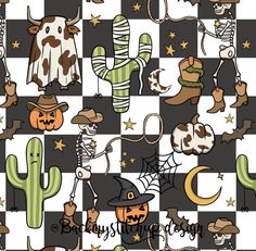 a checkerboard pattern with halloween items on it