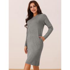 Seta T Women's Hoodie Dress Casual Pullover Sweater Long Sleeve Sweatshirts Midi Dress with Pocket is a versatile piece perfect for various occasions. The fashion style includes long sleeves, pullover design, and convenient pockets, making it a must-have in women's wardrobes. The slim fit hoodie dress features a round neck and offers a classic yet trendy look. Made from a blend of 42% Viscose, 34% Nylon, and 24% Polyester, it provides a comfortable and stretchy fit. Ideal for spring, fall, and w Gray Long Sleeve Sweater Dress For Fall, Spring Long Sleeve Sweater Dress With Ribbed Cuffs, Solid Long Sleeve Sweater Dress For Loungewear, Plain Fall Hoodie For Loungewear, Winter Long Sleeve Sweater Dress With Ribbed Cuffs, Casual Long Sleeve Sweatshirt Dress For Fall, Casual Sweater Dress With Ribbed Cuffs, Casual Solid Sweater Dress For Loungewear, Casual Hooded Sweater Dress For Fall