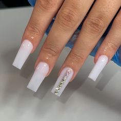 White Acrylic Nails With Glitter, White Stiletto Nails, Milky White Nails, Tapered Square Nails, Milky Nails, May Nails, Simple Acrylic Nails