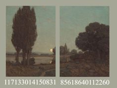 two paintings of trees in front of a body of water with the moon rising behind them