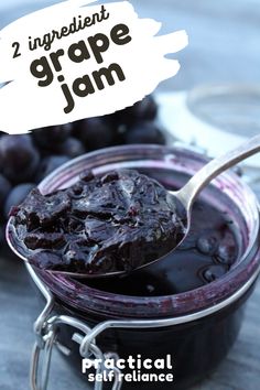 two ingredient grape jam in a jar with a spoon