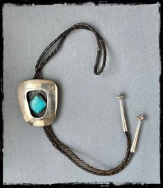 Native American made Mid-Century Modern Sterling Shadowbox Bolo featuring a rectangular center natural turquoise stone set at the diagonal. Sterling tips. Bolo Tie Men, Men Rings, Natural Turquoise Stone, Sea Blue, Natural Turquoise, Blue Tones