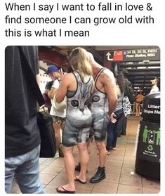 two people standing next to each other in front of a luggage carousel with text that reads, when i say i want to fall in love & find someone i can grow old with this is what i mean