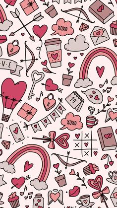 many hearts, arrows and other things on a white background seamless pattern with pink and red colors