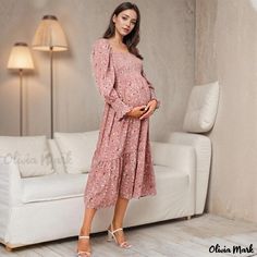 Olivia Mark - Maternity Chiffon Dress with Small Floral Print, Long Sleeved and Comfy Fit Chiffon Dress Floral, Dress For Pregnant Women, Sequin Costume, Long Sleeve Maternity Dress, Long Sleeve Chiffon Dress, Floral Chiffon Maxi Dress, Floral Chiffon Dress, Chiffon Floral, Lace Slip Dress