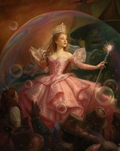 a painting of a woman in a pink dress holding a sparkler and surrounded by bubbles