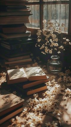 an open book sitting on top of a table next to a vase filled with flowers