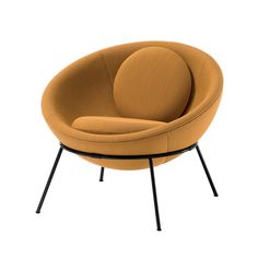 an orange chair sitting on top of a metal stand with a round seat and black legs