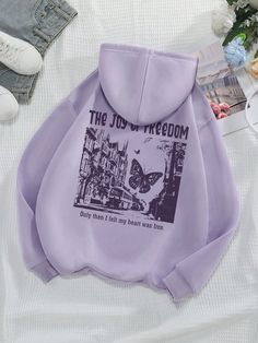 Lilac Purple Casual Collar Wrist-Length Sleeve Fabric Letter,Slogan,Butterfly Pullovers Embellished Slight Stretch Fall/Winter Women Clothing Shein Hoodies, Extra Outfits, Purple Hoodie, Women Sweatshirts, Shein Outfits, Aesthetic Shirts, Funny Outfits, Cute Sweatshirts, Cool Hoodies