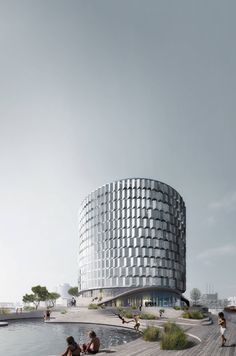 an artistic rendering of people relaxing in the water near a circular building that is shaped like a cube