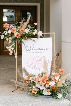 3D Backdrop Wedding Flowers Decoration Elegant Orange Orange Flower Decoration Wedding, Welcome Flower Decoration, Welcome Sign Wedding Flowers, Photobooth Ideas Wedding, Welcome Board Decoration, Wedding Decorations Orange, Wedding Decor Orange, Wedding Photobooth Ideas, Welcome Sign With Flowers