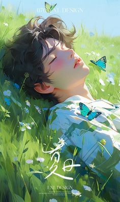 a boy laying in the grass with butterflies around him