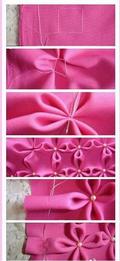 the process to make a bow for a dress with ribbon and flowers on it is shown in