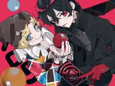 two anime characters one holding an apple and the other looking at something in his hand