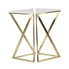 pair of gold and white marble side tables with metal legs, mid century modern style