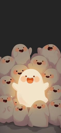 a group of white teddy bears sitting in the middle of a room with a light shining on them