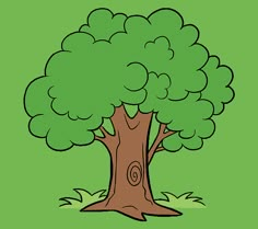 a cartoon tree with green leaves and brown trunk