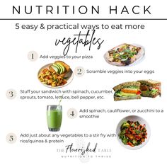 5 aways to eat more vegetables- add to egg scramble, add to pizza, make a stir fry, add zucchini, spinach, or cauliflower to a smoothie or add to sandwich How To Eat More Legumes, Simple Ways To Eat Healthier, Ways To Get More Vegetables In Your Diet, Ways To Eat More Veggies, Ways To Incorporate Vegetables, How To Get More Vegetables In Your Diet, Add Vegetables To Diet, Eating More Fruits And Vegetables, How To Eat Vegetables