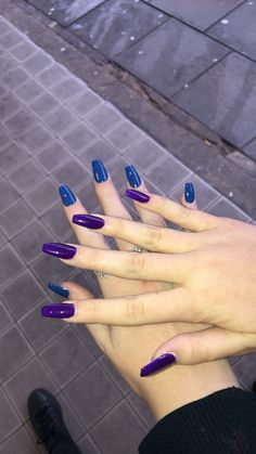 Bisexual Nail Designs, Bi Nails Designs, Purple Nails Grunge, Bisexual Nail Ideas, Gel X Coffin, Coffin Dark Purple Nails, Peep Nails, Nail Color Designs, Color Nails