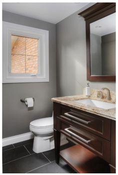 a white toilet sitting next to a bathroom sink under a mirror on top of a wooden cabinet