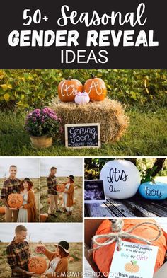 Collage of gender reveal ideas for fall using pumpkins and Autumn decor. Christmas Gender Announcement, Christmas Tree Gender Reveal, Foto Gender Reveal, Baby Shower Reveal Ideas, Sibling Gender Reveal, Baby Gender Announcements