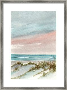 a painting of the beach with sand dunes and watercolors framed print by julia d'ambroise