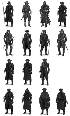 some black and white images of men in different outfits with hats, coats and canes