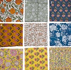 six different types of fabric with flowers on them