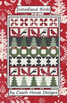 the cover of woodland birds quilt pattern is red with white snowflakes and evergreen trees